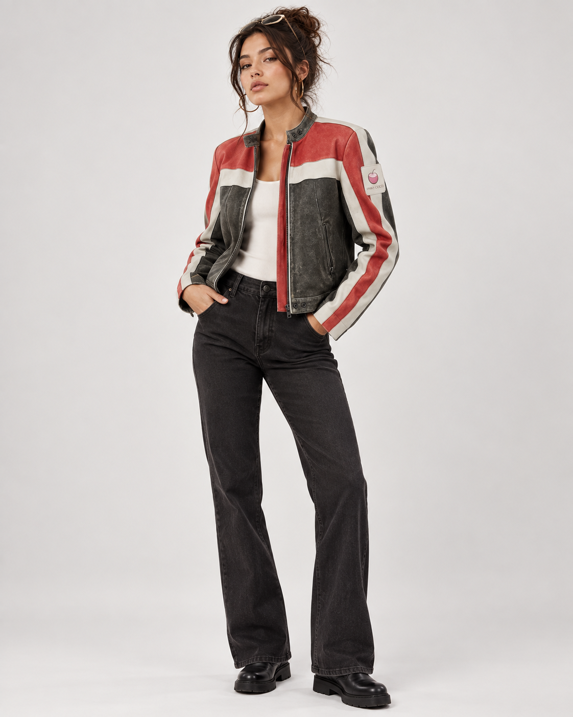PinkyCoco Rally Stripe distressed leather panel and sleeve stripe detail