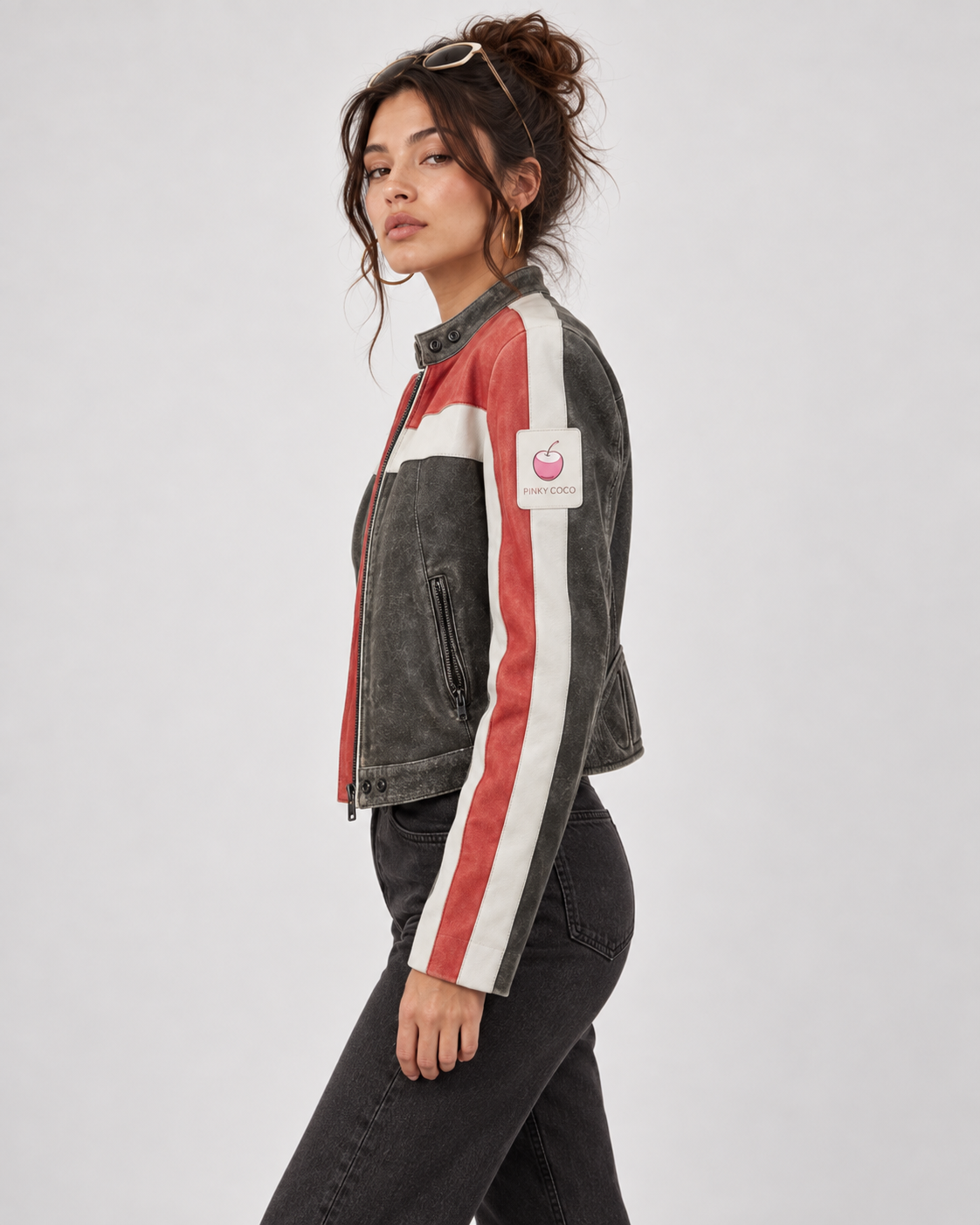 PinkyCoco Rally Stripe women's leather jacket lifestyle styling