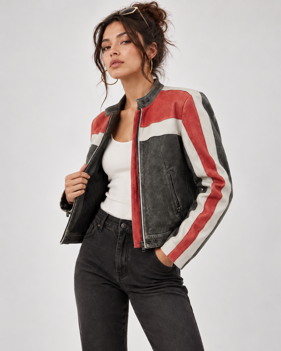 PinkyCoco Rally Stripe red white black leather jacket rear three-quarter view