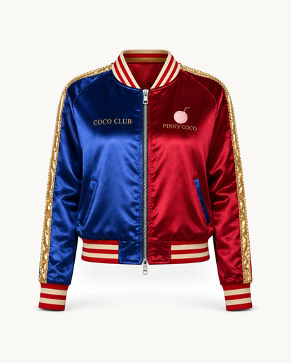 PinkyCoco Red Blue Coco Club Women's Satin Bomber Jacket, front thumbnail on warm ivory background
