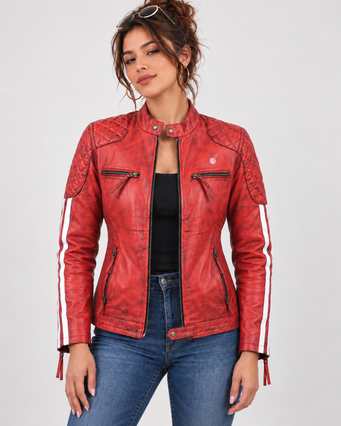 PinkyCoco Red Cafe women's waxed leather racer jacket front view