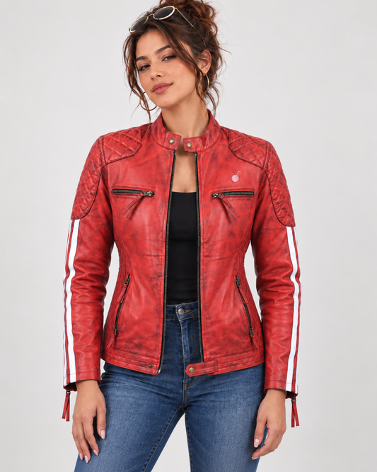 PinkyCoco Red Cafe women's waxed leather racer jacket front view