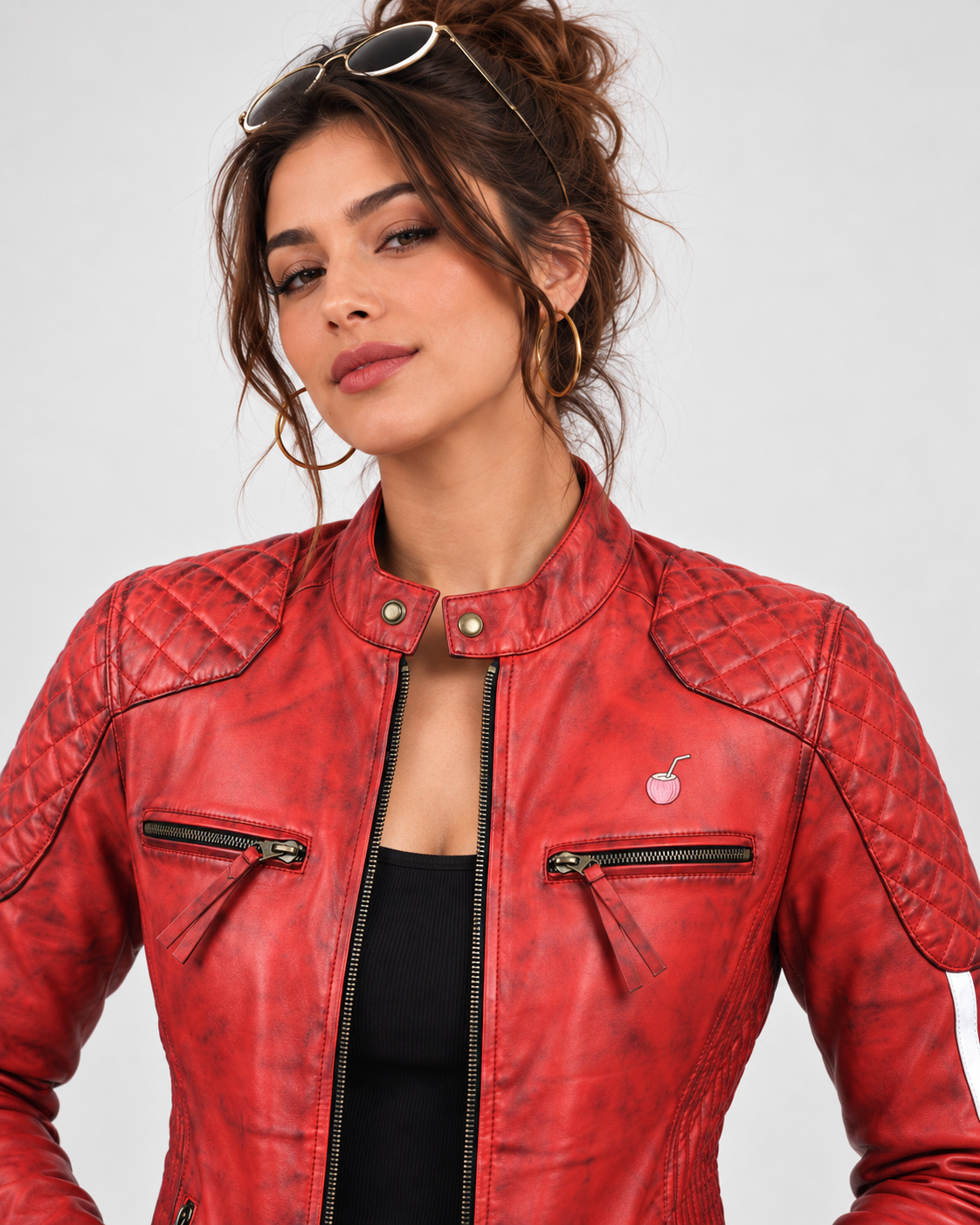 PinkyCoco Red Cafe waxed leather jacket three-quarter styling