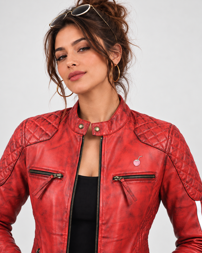 PinkyCoco Red Cafe waxed leather jacket three-quarter styling