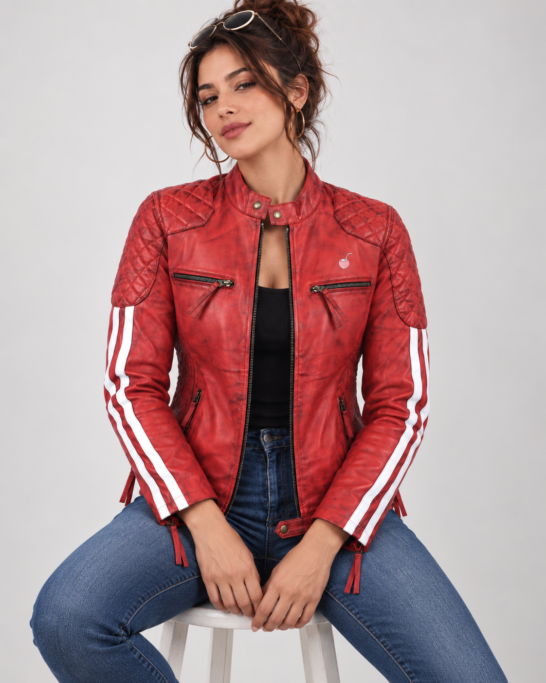 PinkyCoco Red Cafe women's fitted racer jacket straight front view