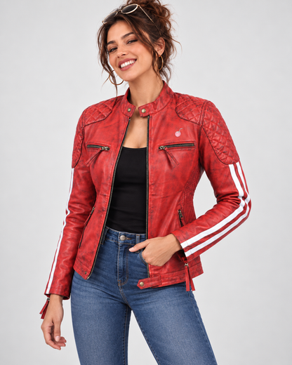 PinkyCoco Red Cafe red leather jacket side profile