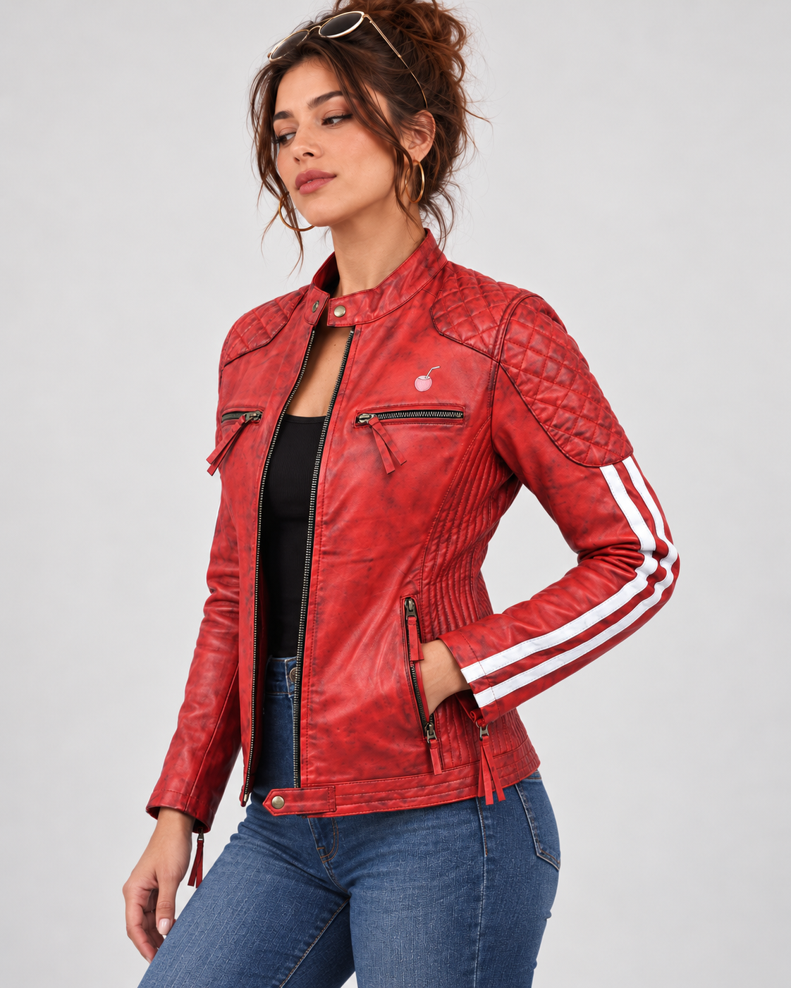 PinkyCoco Red Cafe women's waxed leather jacket back view