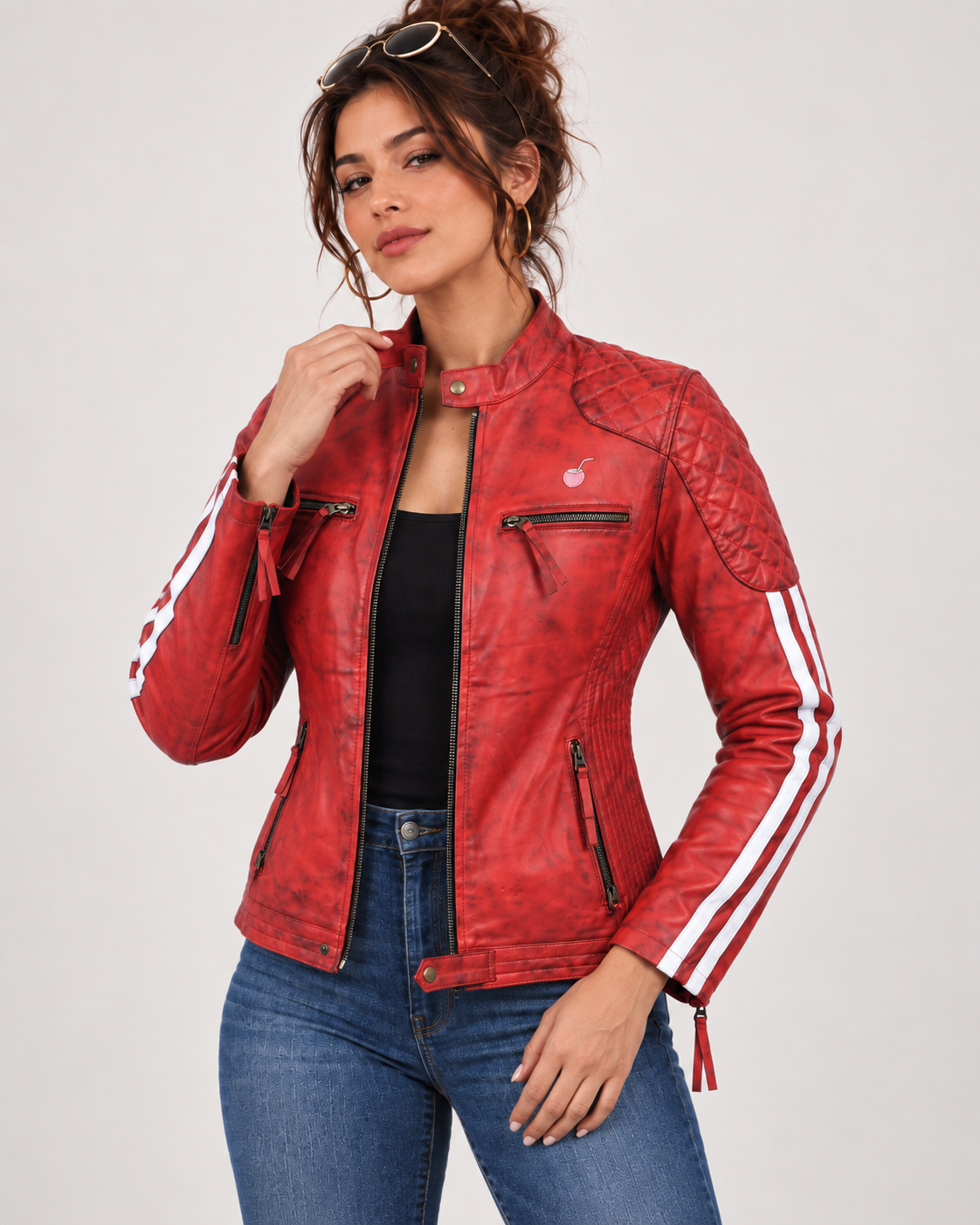 PinkyCoco Red Cafe jacket collar zipper and chest pocket detail