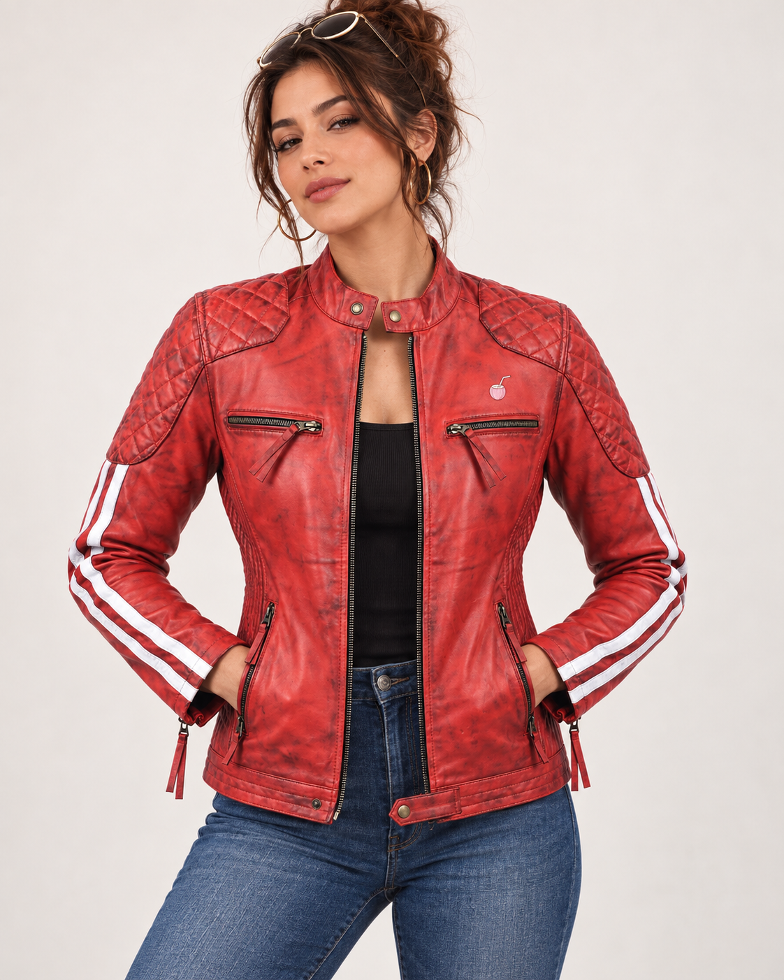 PinkyCoco Red Cafe women's cafe racer jacket lifestyle styling