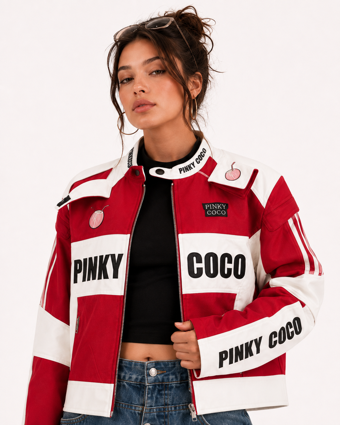 PinkyCoco Redline Racer women's red and white racing jacket front close view