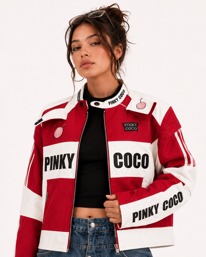 PinkyCoco Redline Racer women's red and white racing jacket front close view