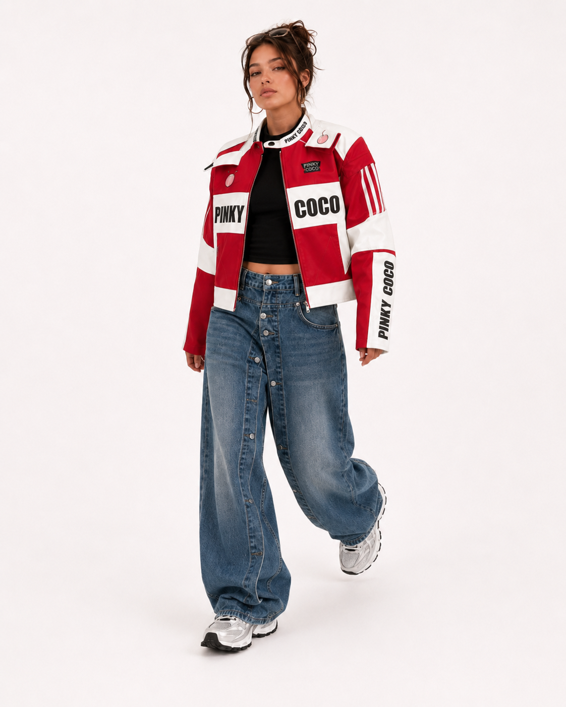 PinkyCoco Redline Racer red white jacket walking model view