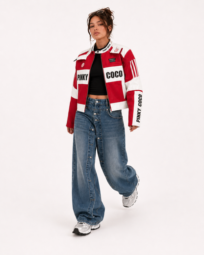 PinkyCoco Redline Racer red white jacket walking model view