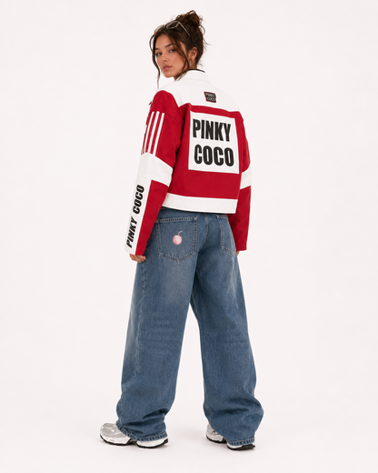 PinkyCoco Redline Racer red white racing jacket rear three-quarter view