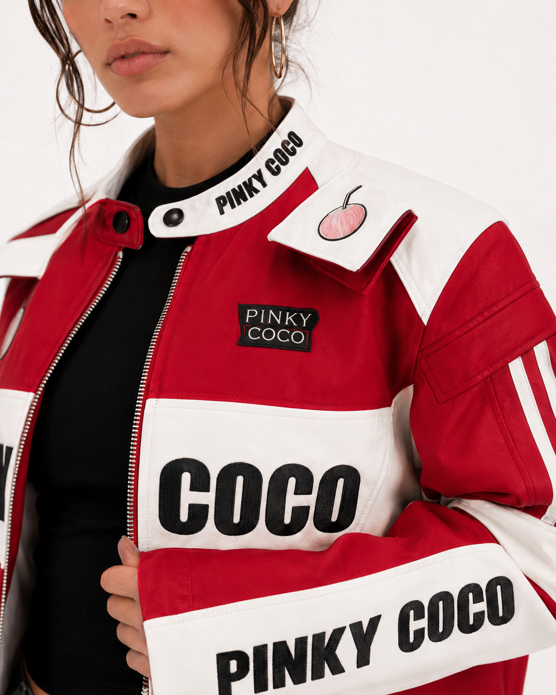 PinkyCoco Redline Racer jacket collar coconut emblem and logo detail