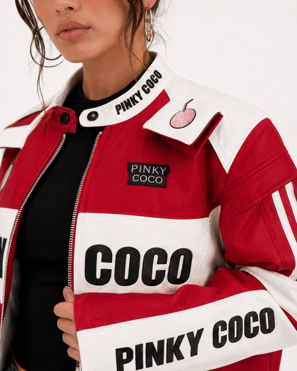 PinkyCoco Redline Racer jacket collar coconut emblem and logo detail
