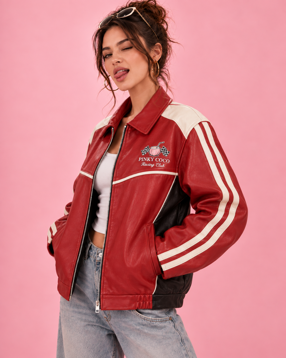 PinkyCoco Relaxed Redline women's oversized red and white racing jacket front view