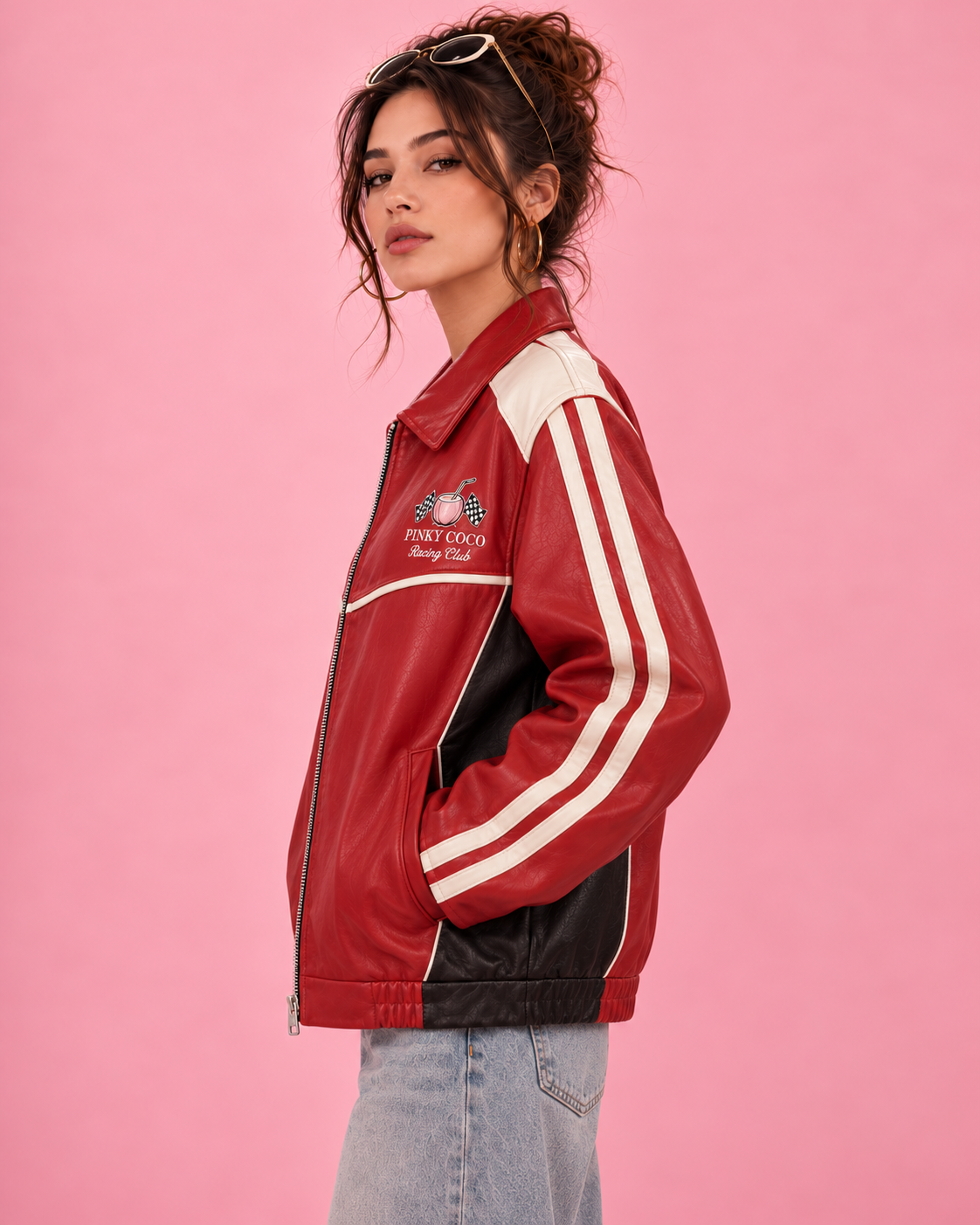 PinkyCoco Relaxed Redline women's oversized racer straight front view