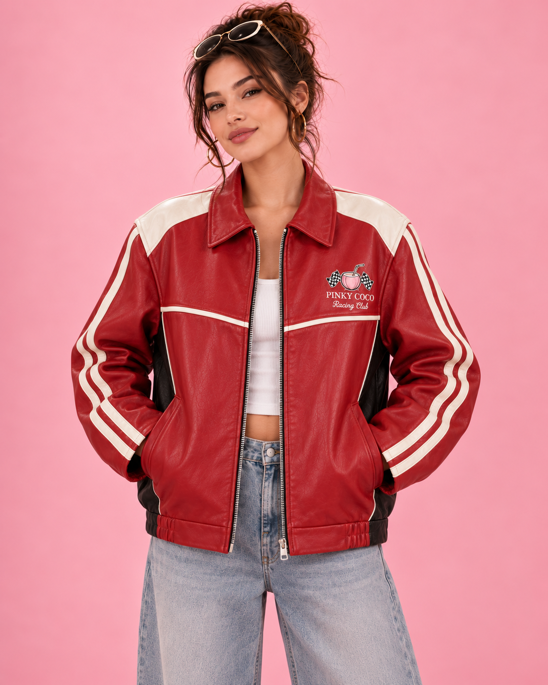PinkyCoco Relaxed Redline jacket collar zipper and sleeve stripe detail