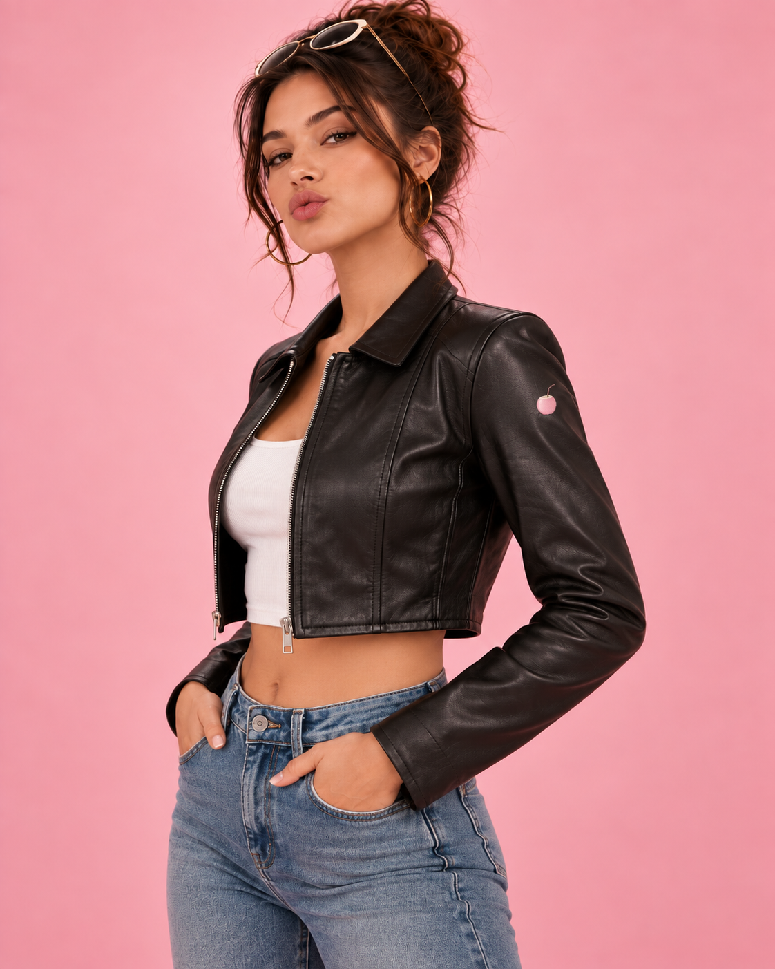 PinkyCoco Shrunken women's black leather jacket angled front view