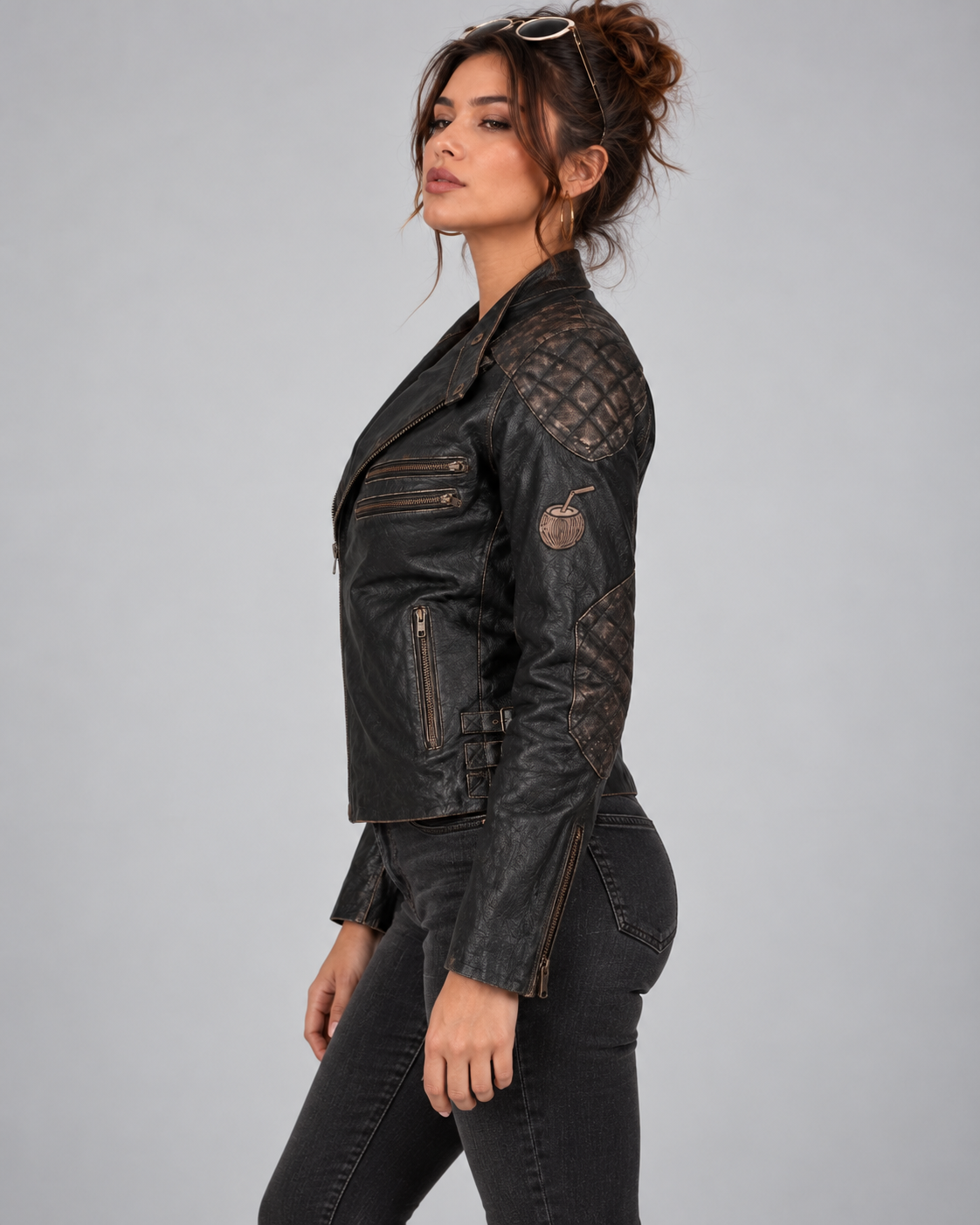 PinkyCoco Skull & Bones women's black cow leather biker jacket side profile