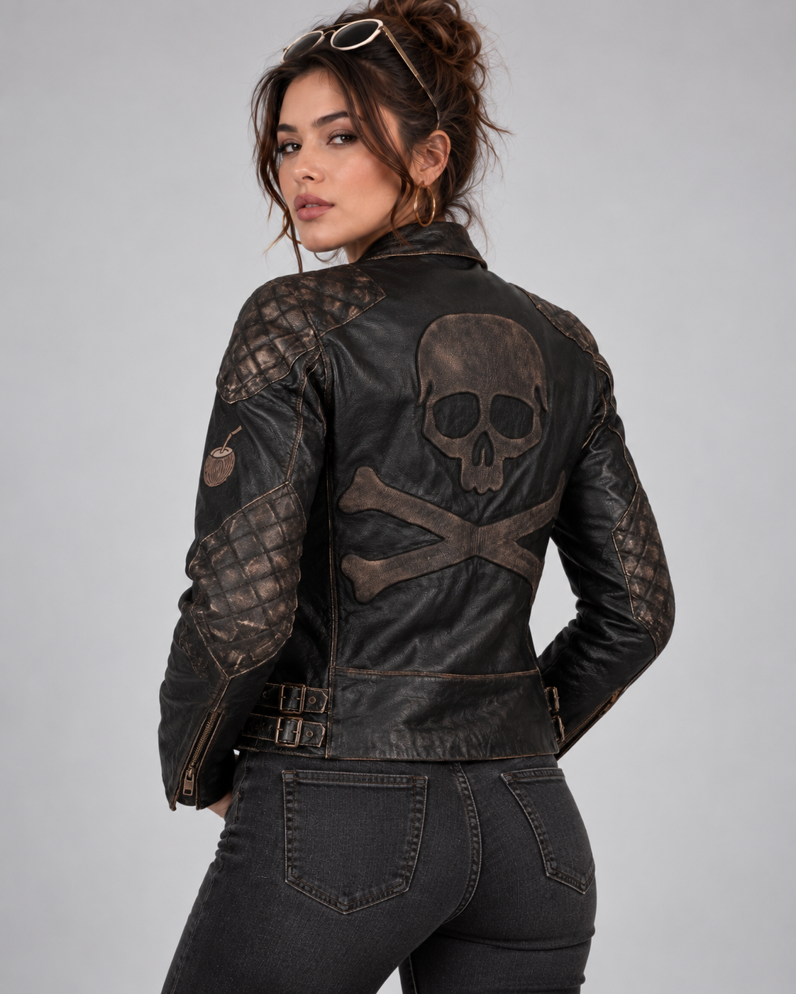PinkyCoco Skull & Bones cow leather jacket back model view
