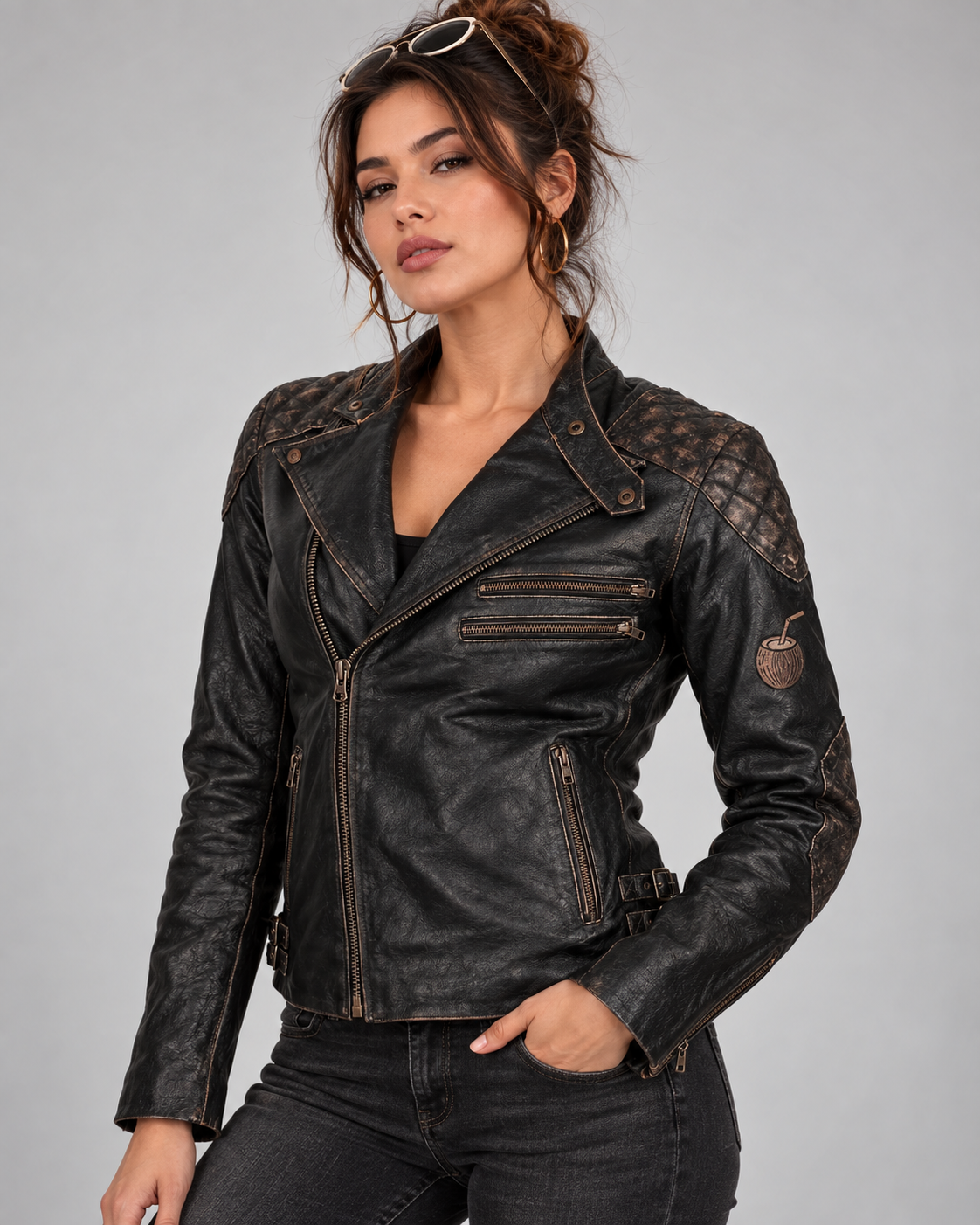 PinkyCoco Skull & Bones women's black biker jacket front three-quarter view
