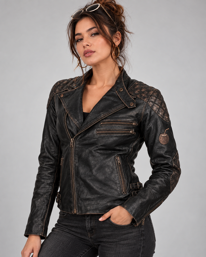 PinkyCoco Skull & Bones women's black biker jacket front three-quarter view