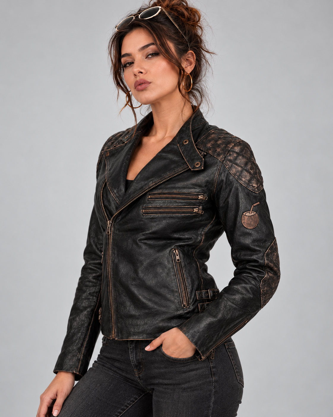 PinkyCoco Skull & Bones leather jacket quilted shoulder and zipper detail