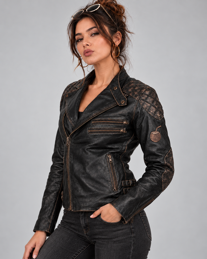 PinkyCoco Skull & Bones leather jacket quilted shoulder and zipper detail