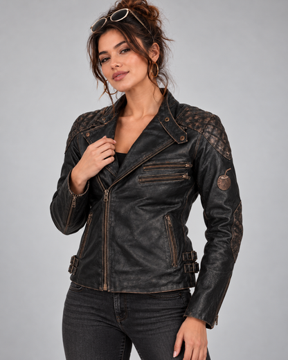 PinkyCoco Skull & Bones women's vintage biker jacket front styling