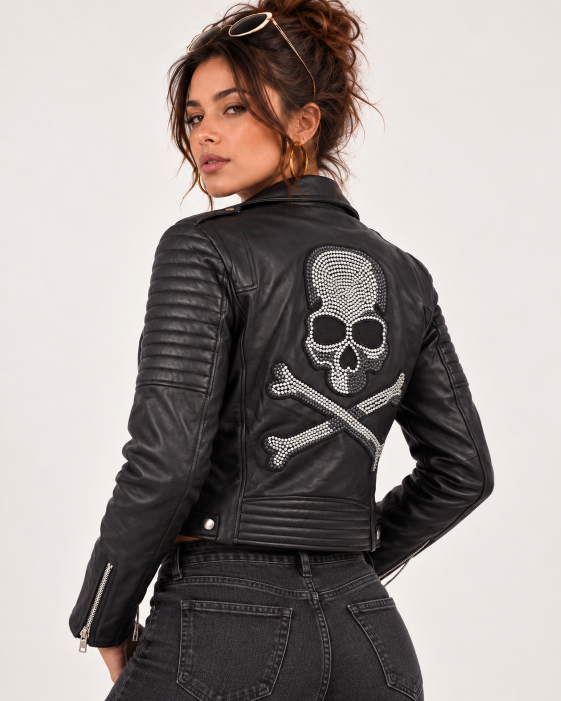 PinkyCoco Skull Rider women's black sheepskin leather biker jacket front view