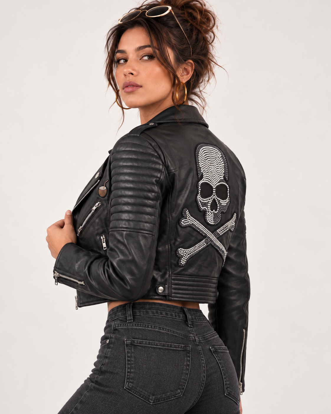 PinkyCoco Skull Rider black leather biker jacket full-length model styling