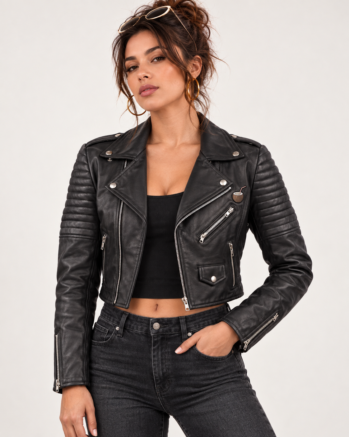 PinkyCoco Skull Rider women's sheepskin leather jacket three-quarter view
