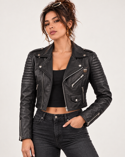 PinkyCoco Skull Rider women's sheepskin leather jacket three-quarter view