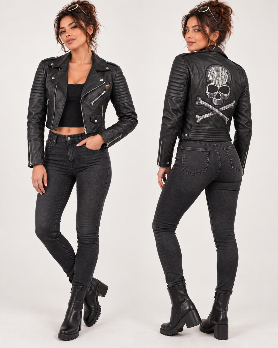 PinkyCoco Skull Rider black biker jacket back skull embroidery view
