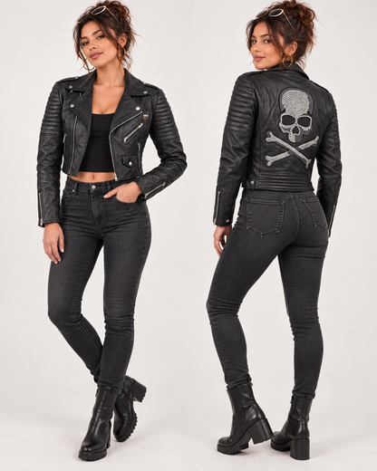 PinkyCoco Skull Rider black biker jacket back skull embroidery view