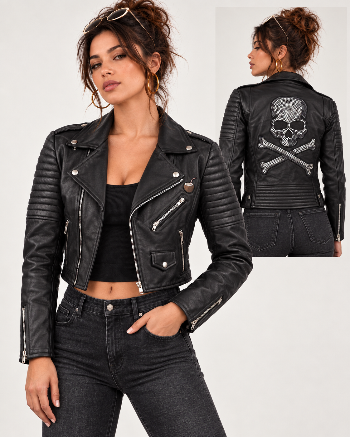 PinkyCoco Skull Rider jacket lapel zipper and leather detail