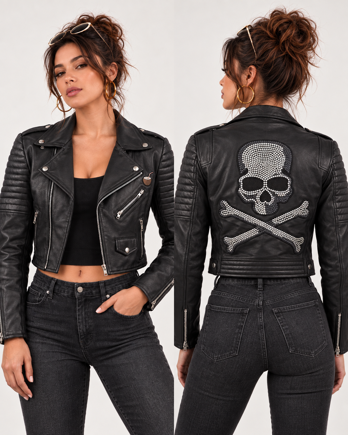 PinkyCoco Skull Rider women's leather biker jacket side profile
