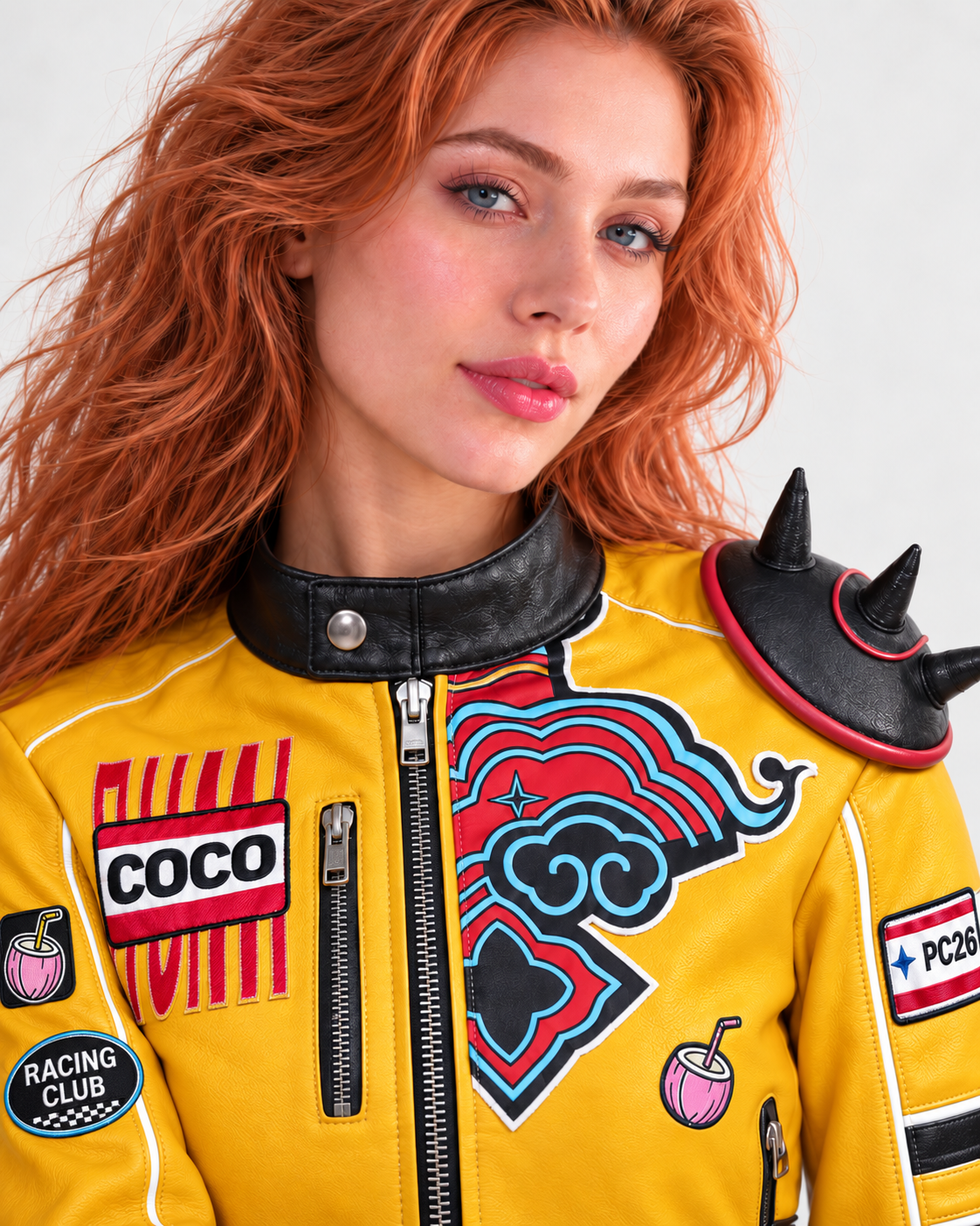 PinkyCoco Solar Crest women's yellow leather racing jacket front view