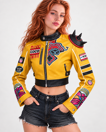 PinkyCoco Solar Crest yellow leather jacket three-quarter styling