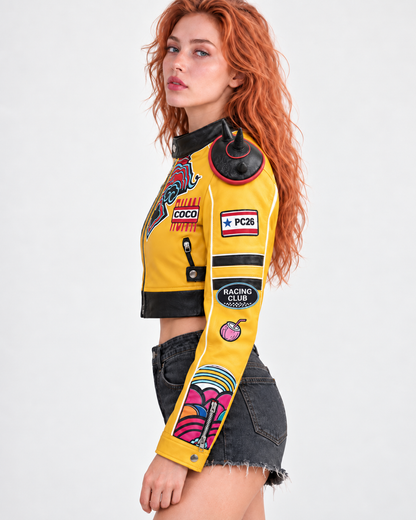 PinkyCoco Solar Crest yellow black leather jacket side profile