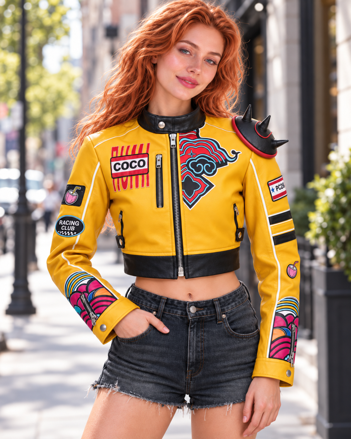 PinkyCoco Solar Crest jacket collar zipper and embroidered patch detail