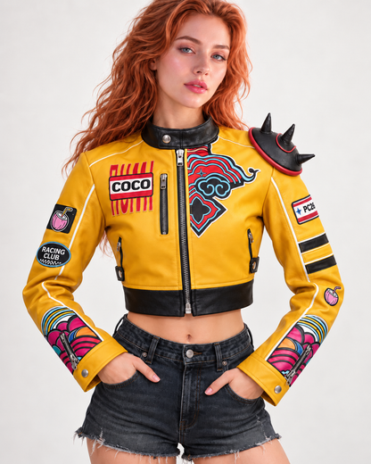 PinkyCoco Solar Crest yellow leather racer close-up