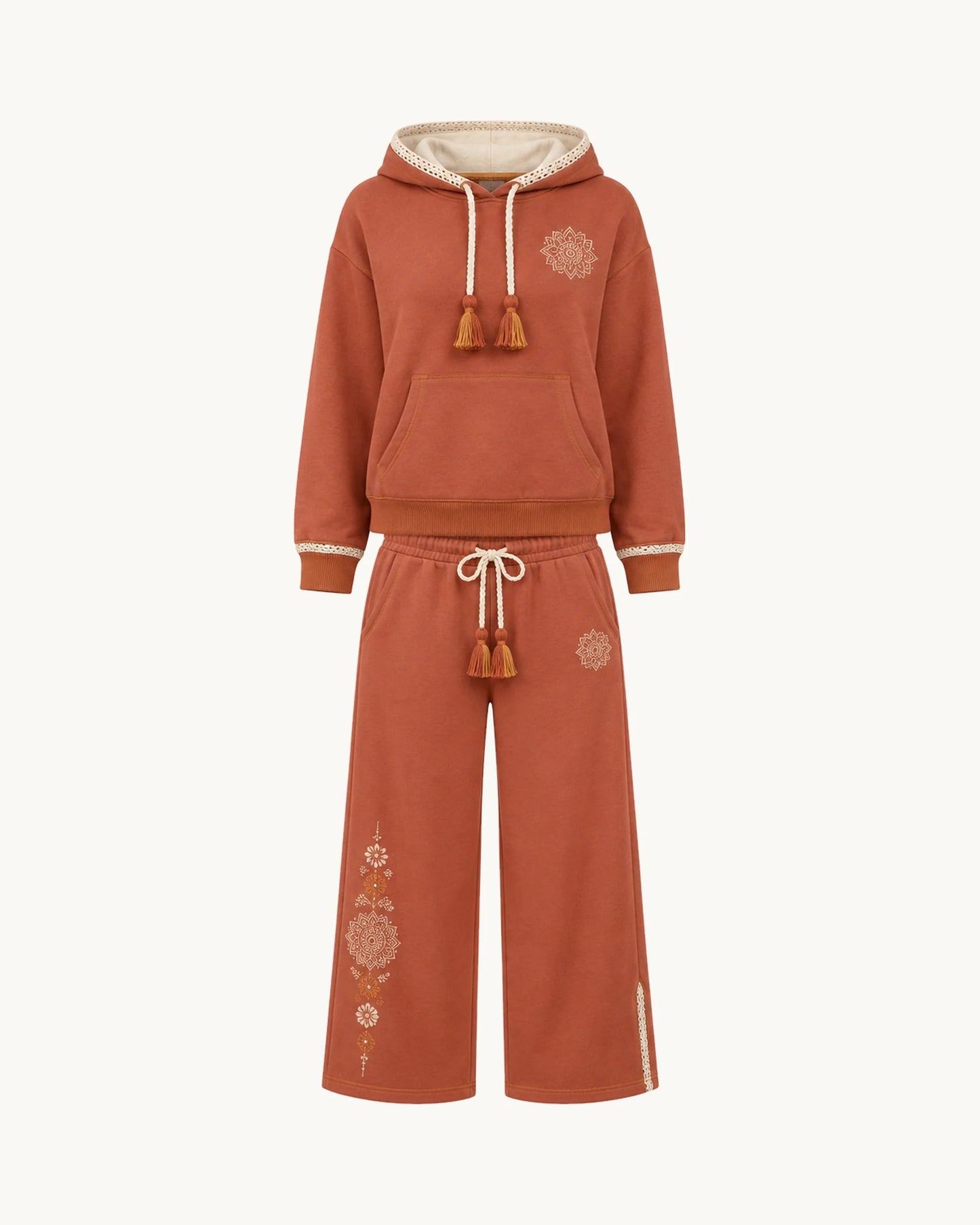 PinkyCoco Terracotta Mandala Dream Women's Fleece Hoodie & Sweatpants Set, front thumbnail on warm ivory background