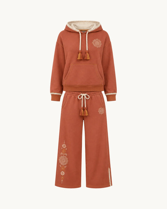 PinkyCoco Terracotta Mandala Dream Women's Fleece Hoodie & Sweatpants Set, front thumbnail on warm ivory background