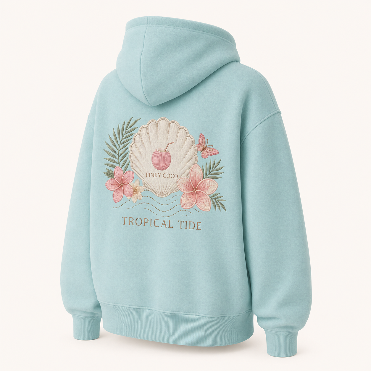 Back view of the PinkyCoco Turquoise Plumeria Shell oversized fleece hoodie