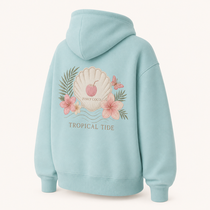 Back view of the PinkyCoco Turquoise Plumeria Shell oversized fleece hoodie