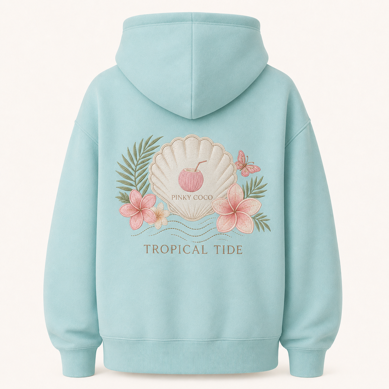 Front view of the PinkyCoco Turquoise Plumeria Shell women's hoodie