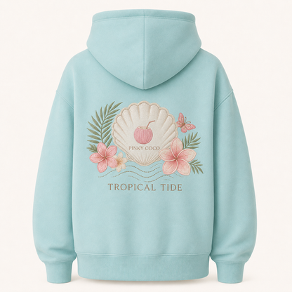 Front view of the PinkyCoco Turquoise Plumeria Shell women's hoodie